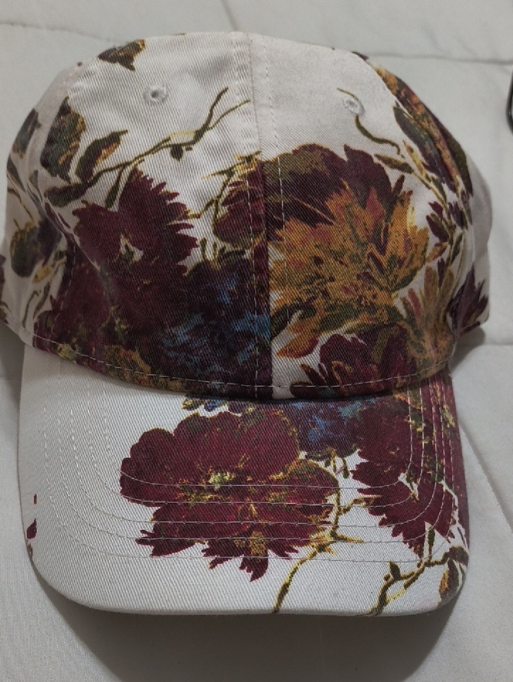 Floral Print Women's Baseball Cap - White with Burgundy & Gold